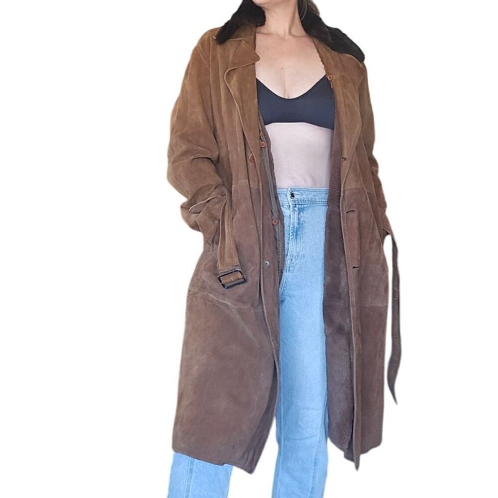 Vintage Suede Fur Lined Brown Belted Trench Coat Men Size 46 Chest Rustic Luxury